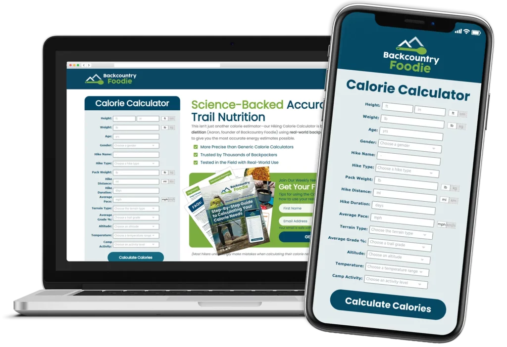 Backcountry Foodie hiking calorie calculator displayed on a laptop and smartphone, helping backpackers plan precise trail nutrition.