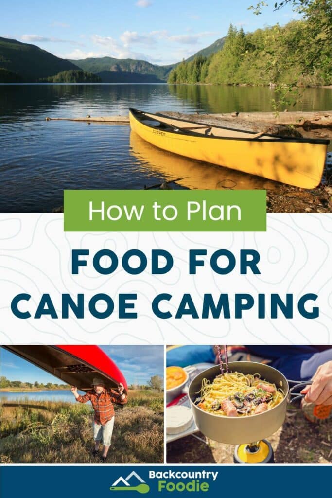 Canoe sitting by a lake, man carrying a canoe, and a backpacker cooking in a camp pot