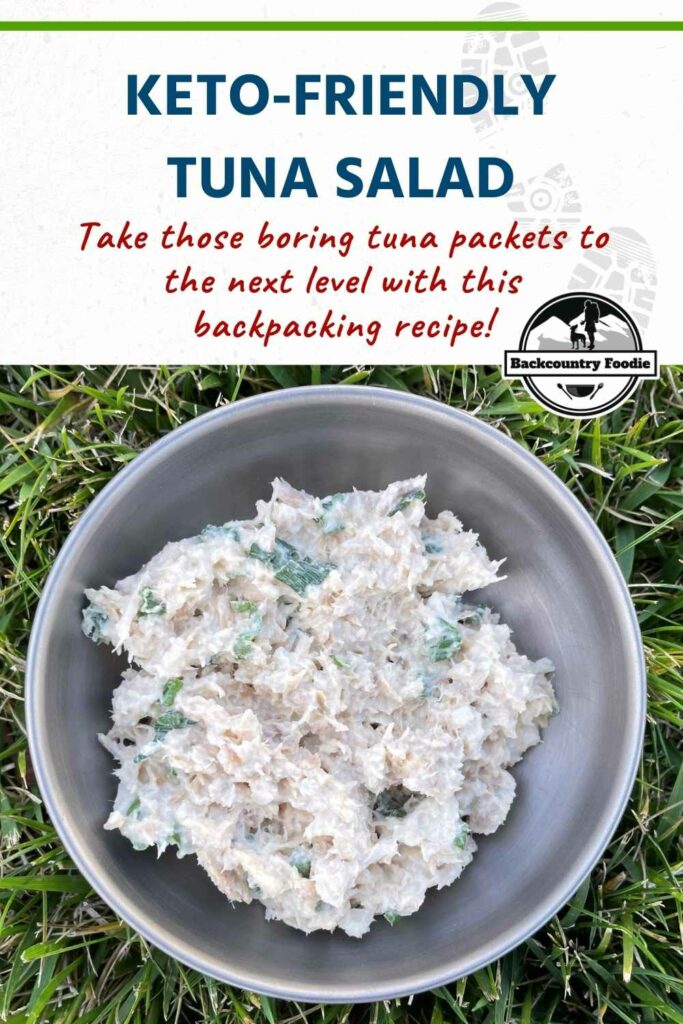 This backpacking tuna salad recipe is packed with calories and weighs much less than store-bought tuna packets. It makes a great no-cook backpacking lunch for keto and traditional backpackers alike. Learn how to dehydrate your own tuna and mix it up into this tasty salad! You can find 200+ more DIY backpacking recipes like these on our website backcountryfoodie.com.