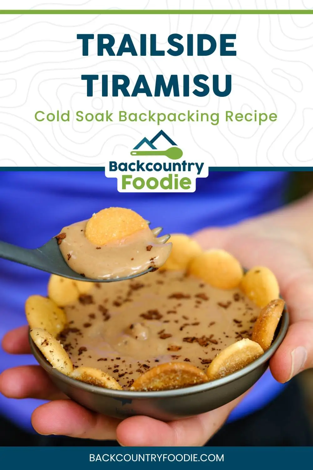Trailside Tiramisu cold soak backpacking dessert with vanilla wafers and chocolate shavings in a trail bowl, branded by Backcountry Foodie