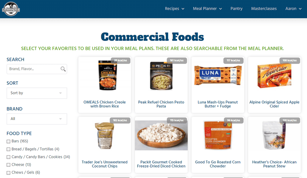 Backcountry Foodie membership site commercial foods screen shot