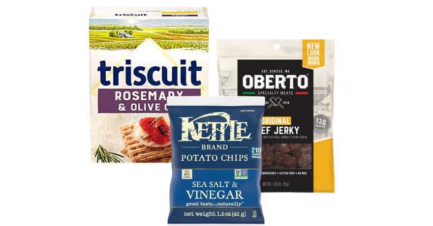 Triscuits, Oberto Jerky, and Kettle Chips