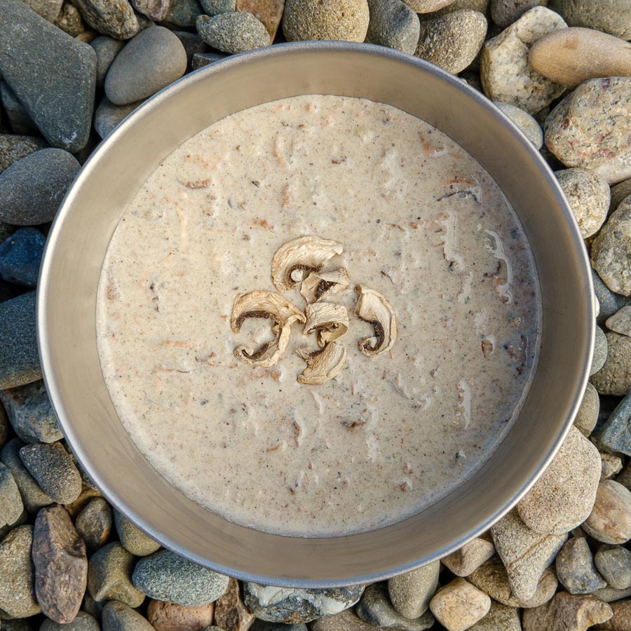 Backcountry Foodie's cream of mushroom soup ultralight backpacking recipe using freeze dried mushrooms.