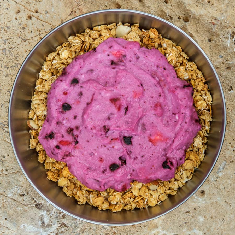 Backcountry Foodie's Mixed Berry Yogurt Parfait ultralight backpacking recipe using freeze-dried strawberries