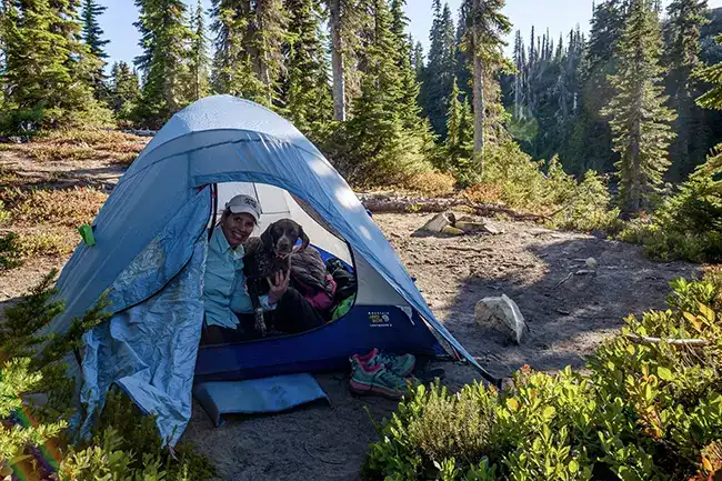 A happy backpacker and her dog inside a blue tent at a forest campsite.
