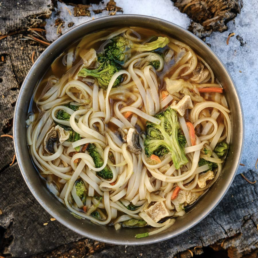 Backcountry Foodie's Veggie Pho Noodle Soup recipe using freeze-dried tofu for freezer bag cooking.