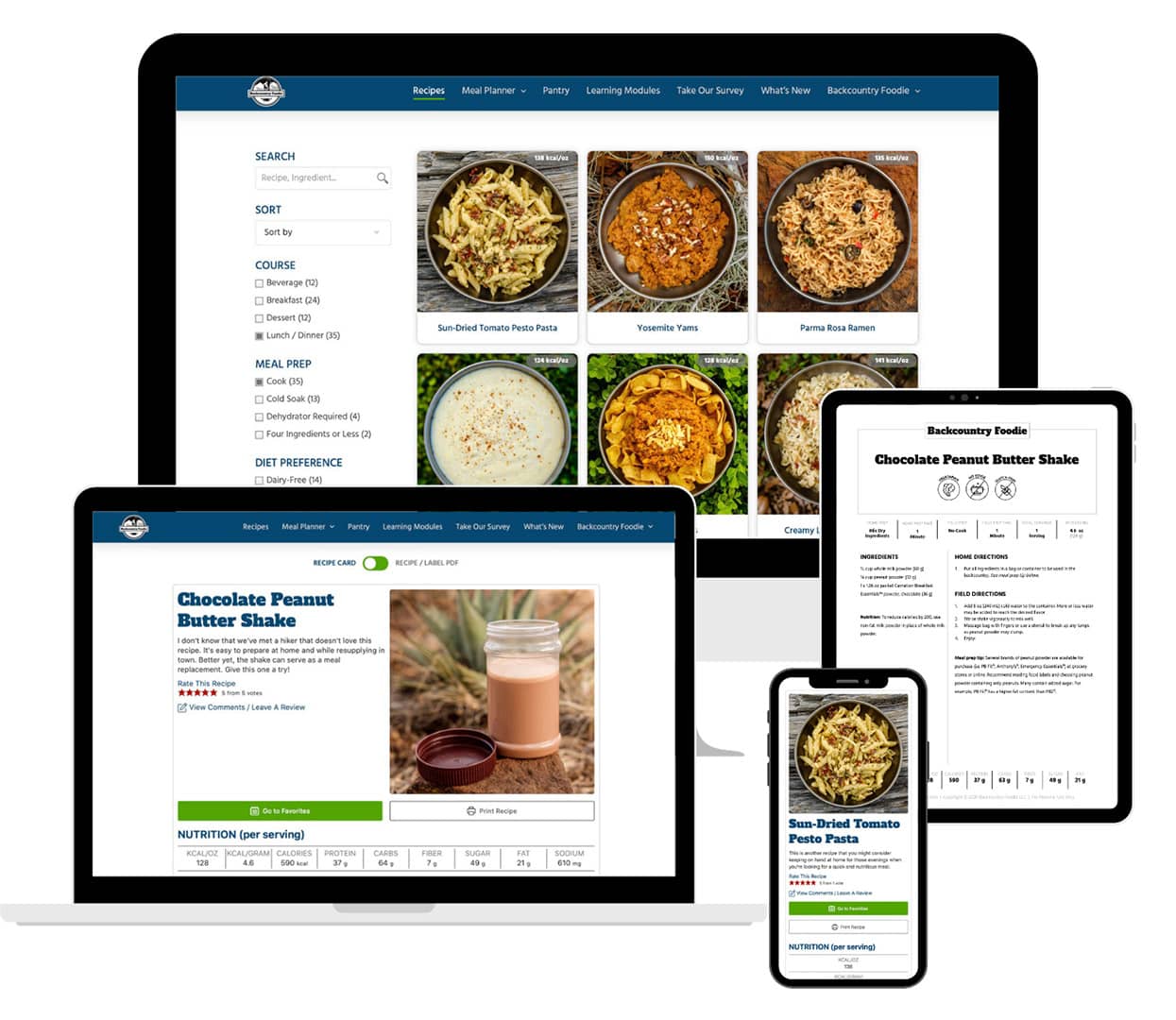 Recipe Dashboard with Search & Filters, Sample Recipe Card and PDF