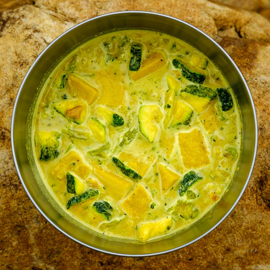 Backcountry Foodie's Thai Yellow Curry ultralight backpacking recipe using dehydrated tofu for freezer bag cooking.