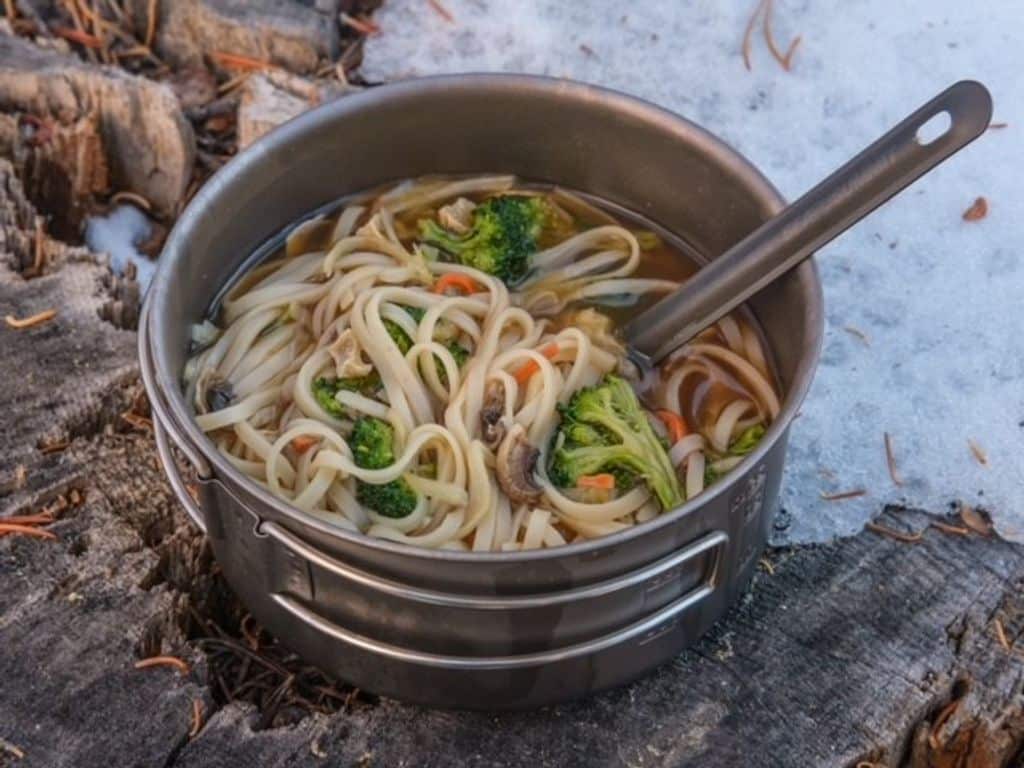 Have you ever looked back over several days of hiking and wondered if you’ve eaten a single vegetable? Bringing a few servings of this veggie pho noodle soup will solve that problem. Get all your veggies for the day in one cozy little package. We even eat this soup for dinner at home on a regular occasion. You can also enjoy 200+ more recipes like this one at backcountryfoodie.com. #veggiephonoodlesoup #diybackpackingmeals #bestdeydratormeals #dehydratorrecipes #backpackingrecipes #freezerbagcooking