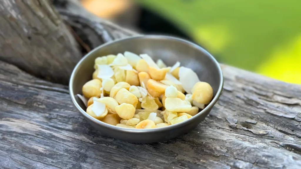 aloha trail mix in plate on log thumbnail image