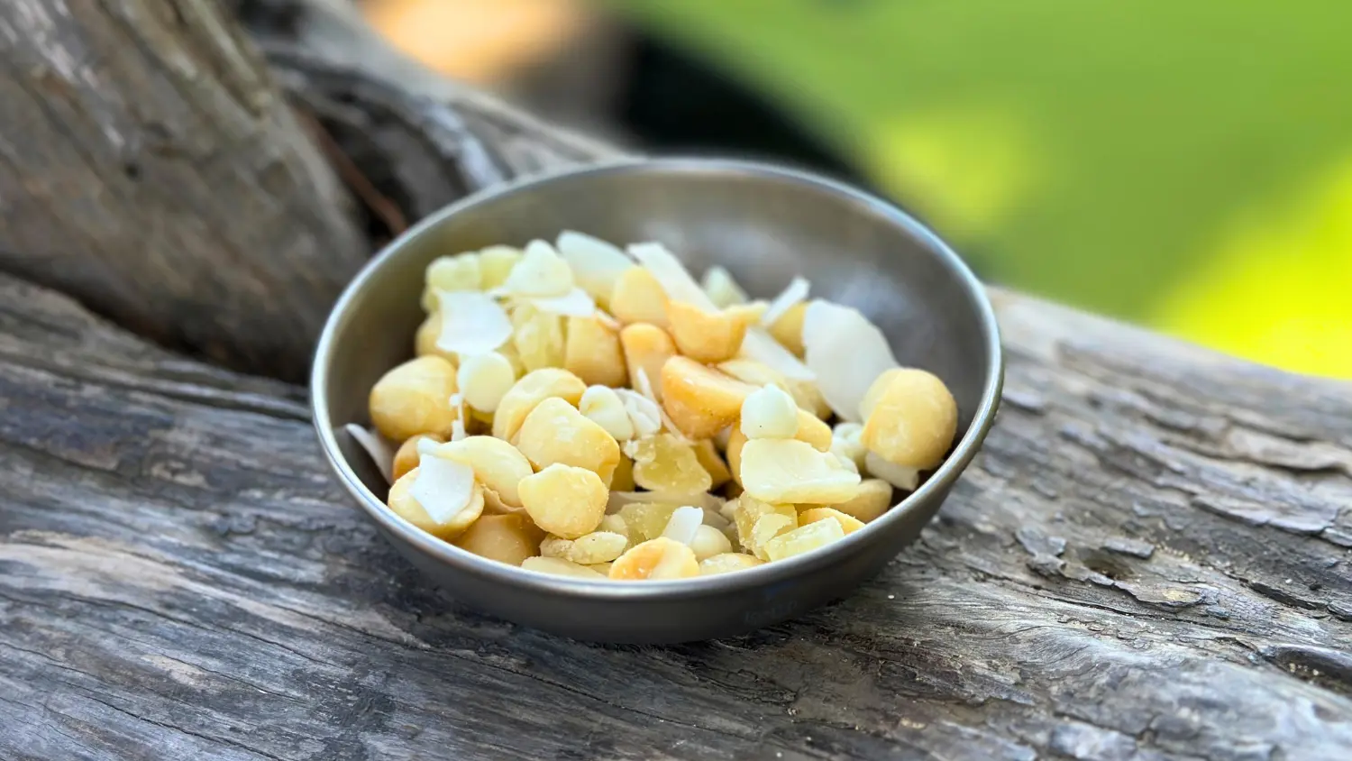 aloha trail mix in plate on log thumbnail image