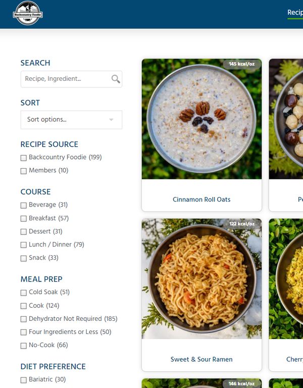 backcountry foodie recipe grid sorting filters screen shot