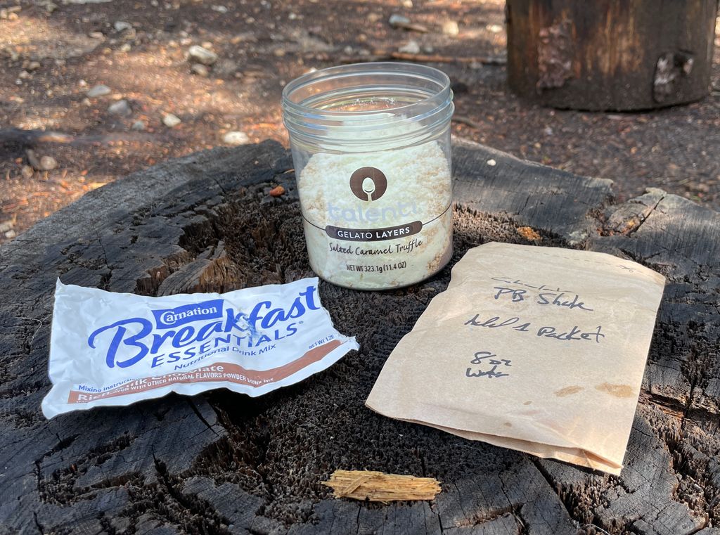 backcountry foodie chocolate peanut butter shake colorado trail ingredients on stump