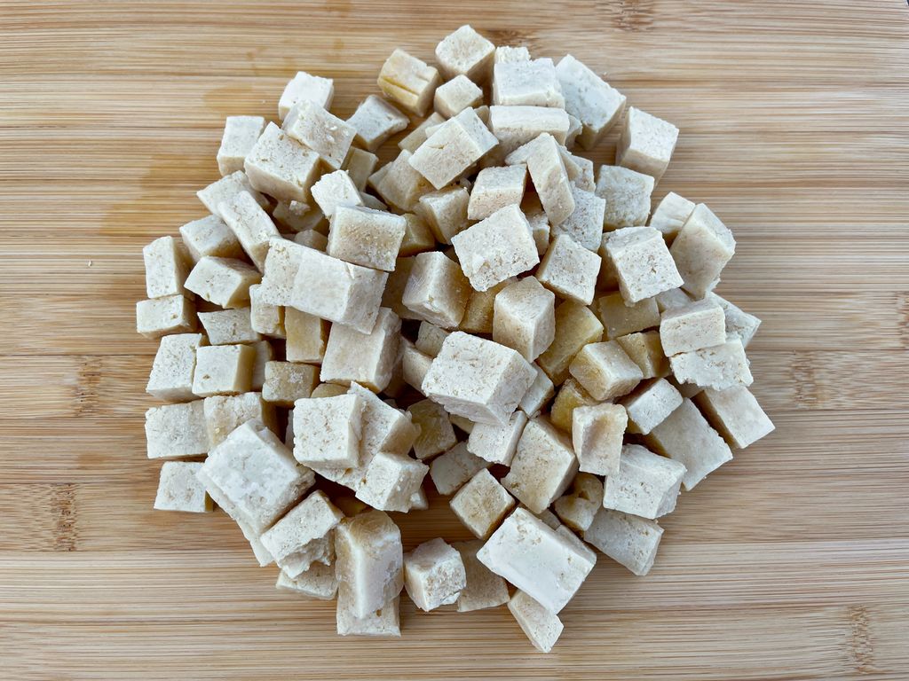 Cubed fresh tofu ready to be put on the dehydrator and freeze dryer trays.