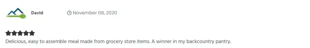 Screenshot of a 5-star member review by David from November 8, 2020. He says the backpacking couscous recipe is delicious, easy to assemble from grocery store items, and a winner in his backcountry pantry.