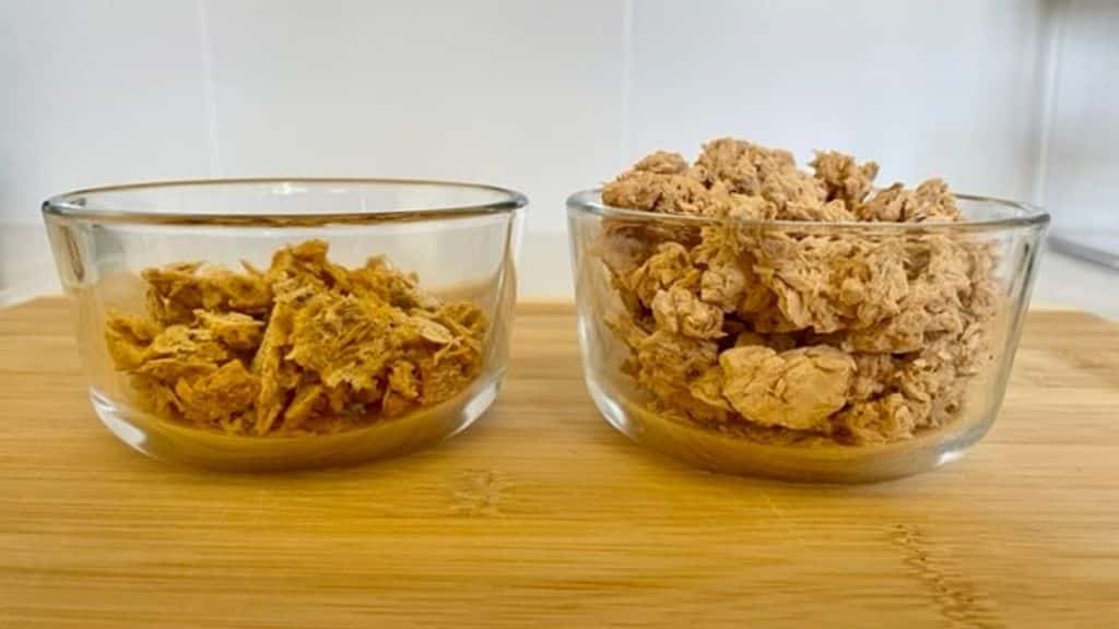 Two glass containers with dehydrated and freeze dried canned tuna
