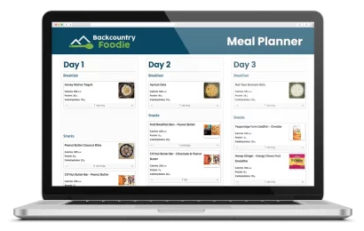 Backcountry Foodie meal planner displayed on a laptop, showing multi-day backpacking meal plans designed for nutrition and efficiency.