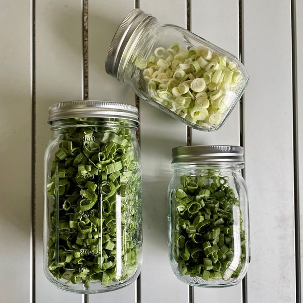 Freeze dried chives in glass mason jars for long term storage for DIY backpacking meals