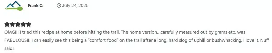 5-star recipe review from Frank C. praising Garlic Parmesan Ramen as trail comfort food