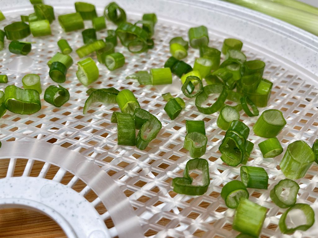 Learn how to dehydrate green onions with a Nesco dehydrator mesh tray.