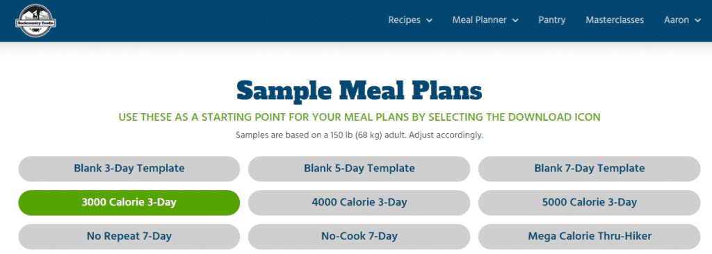 Backcountry Foodie autmoated meal planning tool sample meal plans